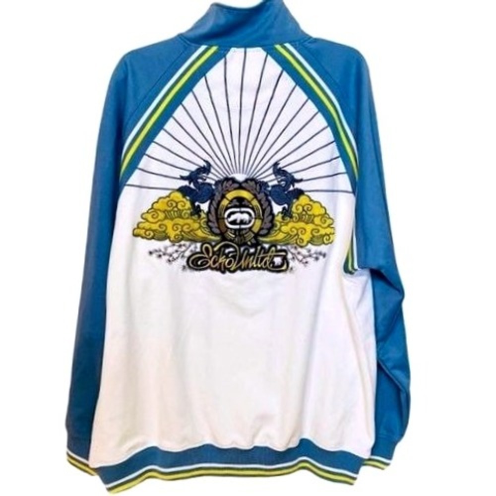 Ecko Unltd rhino big logo blue dragons gold tone logo‎ charm varsity jacket XL